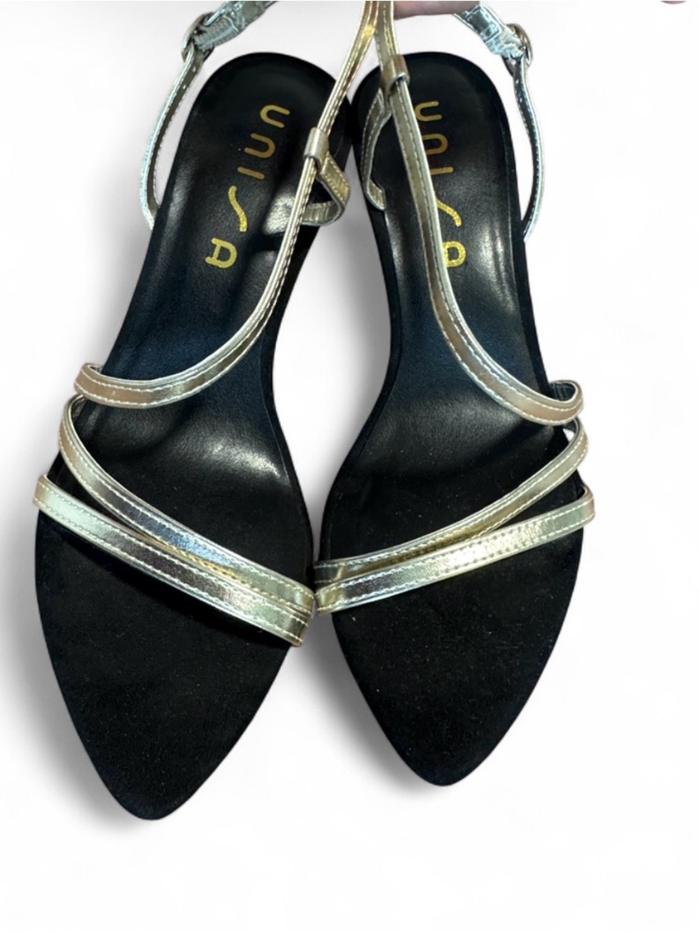 Unisa Black Metallic Strappy Pointed Toe High Heels Size 8.5